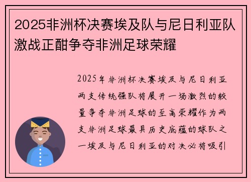 2025非洲杯决赛埃及队与尼日利亚队激战正酣争夺非洲足球荣耀